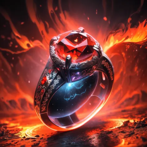 hyper HD, Super detail, Best quality, High details, 1080p, 16k, A high resolution，Silver magic ring with red diamonds，The background is a flame hexagonal magic array，(The best illustrations)，(The best shadow)，Isometric 3D.Octane rendering，Delicate fire eff...