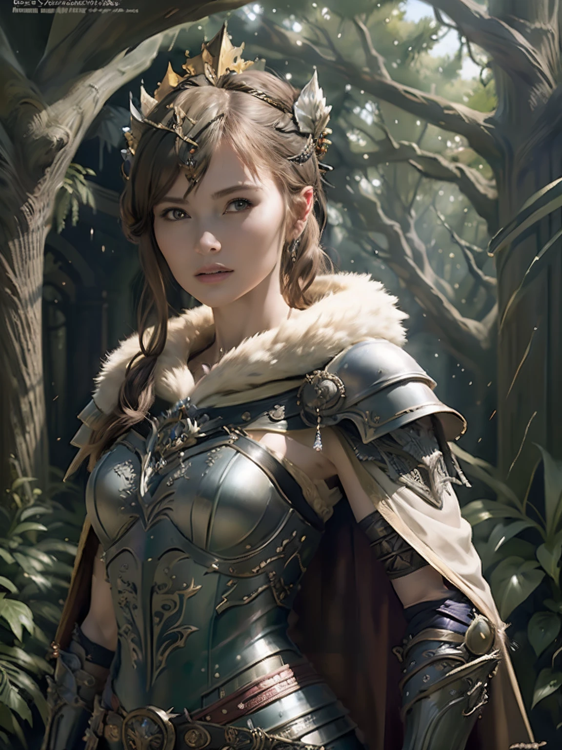 (masterpiece, top quality, best quality, official art, beautiful and aesthetic:1.2), (1girl), (warrior queen armor, fur-lined cape, jeweled crown:1.2),serious
