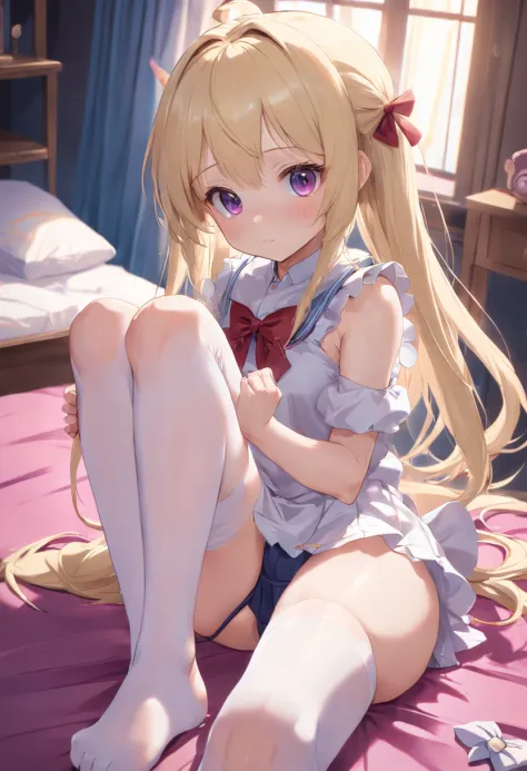 small loli，White stockings，without wearing shoes，on top of the bed，no clothes are worn