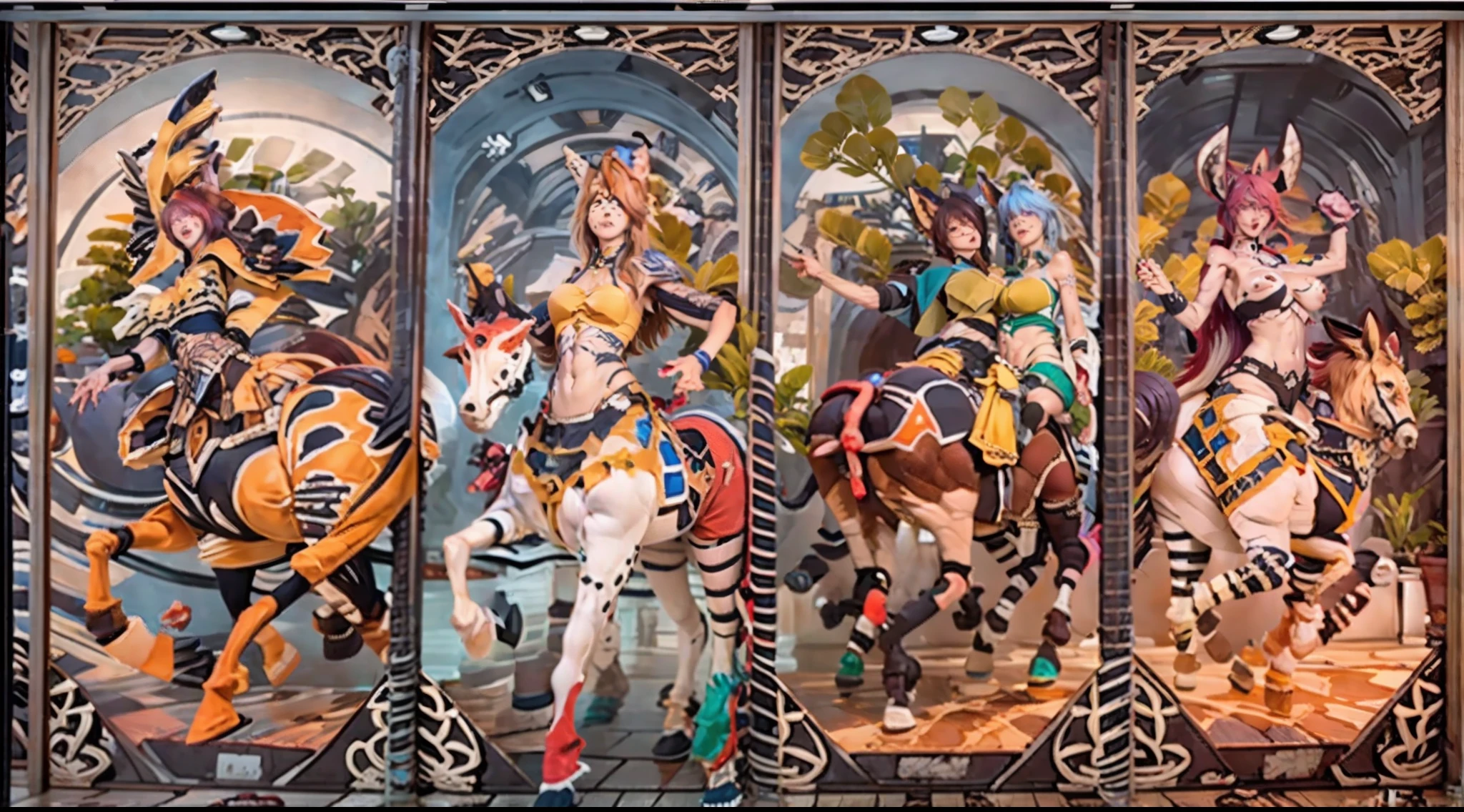 In the beautiful illustration of this super-grand scene，The ultra-long-range lens is shown（Eight unique centaur characters：9.9），They all have their own characteristics，Vivid and interesting。Radiant angelic centaurs from the heavenly realm，To the hellish centaurs surrounded by nightmarish flames，And then to the Wind Immortal Centaur dancing in the air，There are also one-horned centaurs surrounded by thunder and lightning，and mechanical centaurs that shine with metallic light，And then to the powerful dragon centaur with colored dragon scales covering the whole body，The elegant and agile elf centaur always wears a flower crown with its slender and graceful lines，Enchanting and charming Tiflin centaurs。Each character has their own unique charms and abilities。The illustration uses advanced artistic techniques and tools，（Divide the scene into sections by geometric arrangement：9.9），Each section corresponds to a centaur character，This makes more efficient use of space。Through Midjourney's advanced brush tools、Color palette、Material packs and model packs，Exquisite costumes and equipment are designed for each centaur，Enhances the character's personality and visual appeal。The scenery in the illustrations is stunning，There are changing skies、rainbowing、extreme light、Stars and Moon。Incorporating iconic landmarks such as Mount Everest，and fireworks、tranquil lake、Natural and urban elements of waves and neon lights，Creates a magical atmosphere。The centaurs showed off their skills and equipment in a variety of environments，This is true even in extreme alien landscapes。（Use Midjourney's toolaterial packs、Texture tools、The color palette makes depicting details vivid and realistic：9.9），From intricate hairstyles and clothing to authentic textures，Enhances the realism of the characters and surroundings。The fusion of multiple art styles adds movement to the centaur's movement at all angles，The overall visual experience is further enriched。The final illustration was described as a "mast