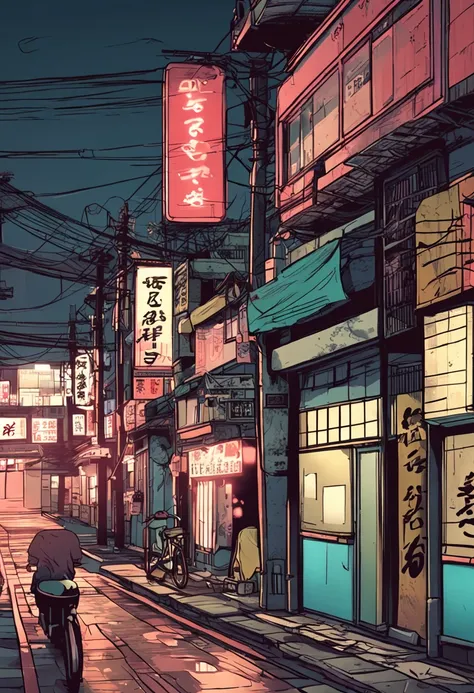 Animated scene of street with neon signs and buildings, lofi hip hop ...