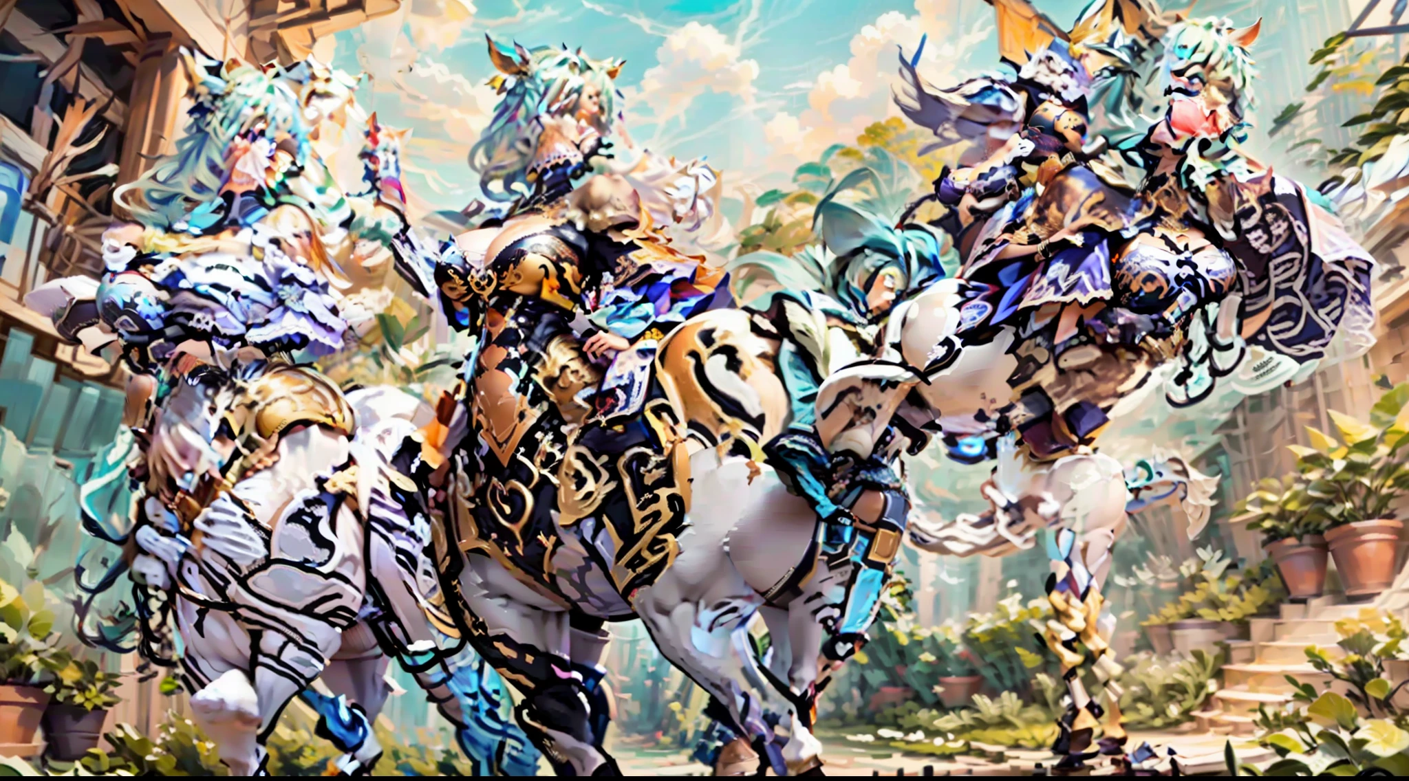 In the beautiful illustration of this super-grand scene，The ultra-long-range lens is shown（Eight unique centaur characters：9.9），They all have their own characteristics，Vivid and interesting。Radiant angelic centaurs from the heavenly realm，To the hellish centaurs surrounded by nightmarish flames，And then to the Wind Immortal Centaur dancing in the air，There are also one-horned centaurs surrounded by thunder and lightning，and mechanical centaurs that shine with metallic light，And then to the powerful dragon centaur with colored dragon scales covering the whole body，The elegant and agile elf centaur always wears a flower crown with its slender and graceful lines，Enchanting and charming Tiflin centaurs。Each character has their own unique charms and abilities。The illustration uses advanced artistic techniques and tools，（Divide the scene into sections by geometric arrangement：9.9），Each section corresponds to a centaur character，This makes more efficient use of space。Through Midjourney's advanced brush tools、Color palette、Material packs and model packs，Exquisite costumes and equipment are designed for each centaur，Enhances the character's personality and visual appeal。The scenery in the illustrations is stunning，There are changing skies、rainbowing、extreme light、Stars and Moon。Incorporating iconic landmarks such as Mount Everest，and fireworks、tranquil lake、Natural and urban elements of waves and neon lights，Creates a magical atmosphere。The centaurs showed off their skills and equipment in a variety of environments，This is true even in extreme alien landscapes。（Use Midjourney's tools、Material packs、Texture tools、The color palette makes depicting details vivid and realistic：9.9），From intricate hairstyles and clothing to authentic textures，Enhances the realism of the characters and surroundings。The fusion of multiple art styles adds movement to the centaur's movement at all angles，The overall visual experience is further enriched。The final illustration was described as a "mast