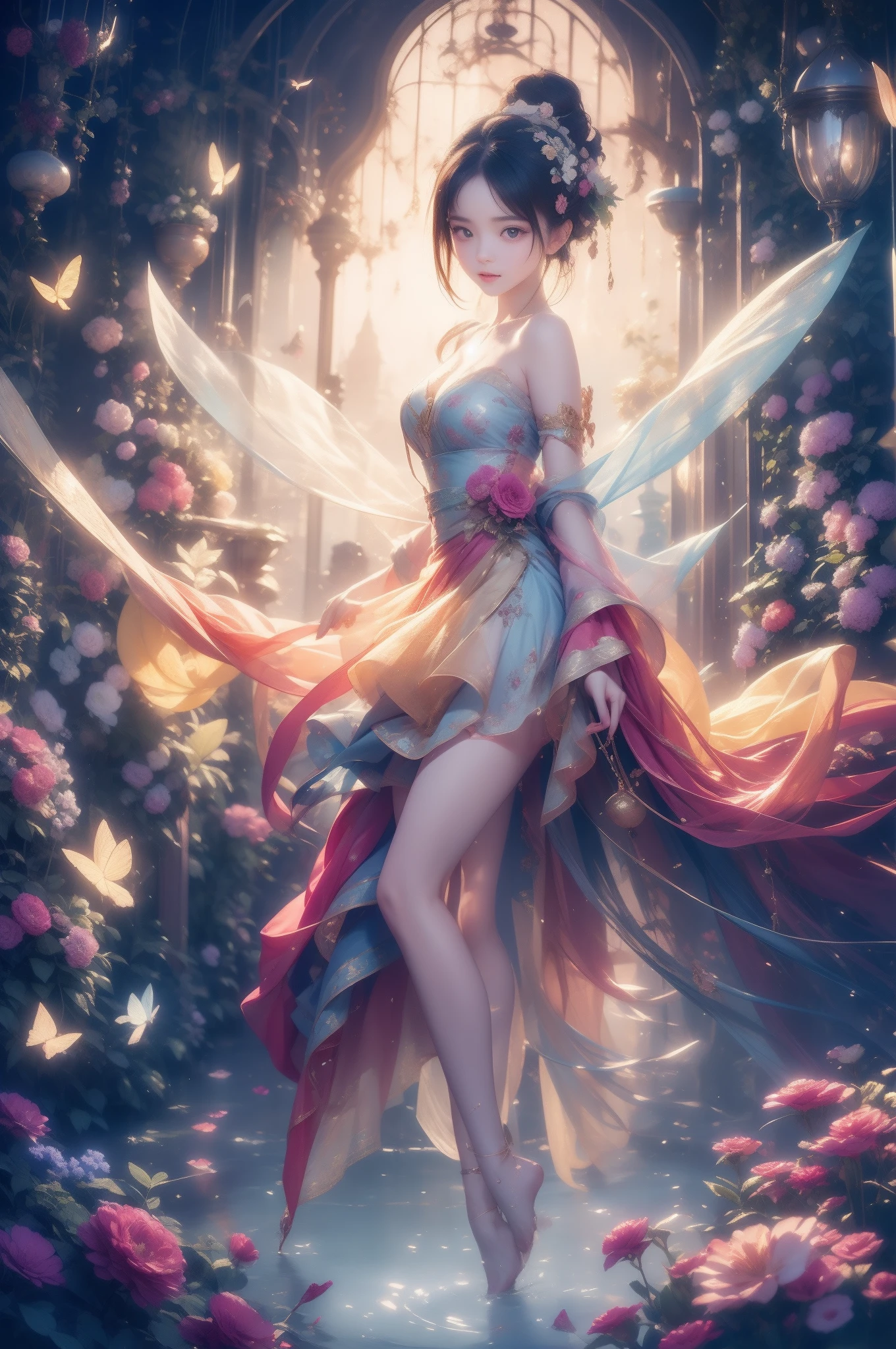 1girl, solo, full body, (masterpiece:1.21), (best quality:1.2), colorful, (illustration:1.2), (cinematic lighting:1.1), (bare shoulders:1.21), (collarbone:1.21) in this whimsical A beautiful and dreamlike garden, the scene is illuminated by a rainbow (colorful fireflies) dancing in the air. Pastel (drizzle) adorns the garden, creating a hazy and ethereal atmosphere. In the center of the picture, stands a single girl, an extremely beautiful girl, with lovely facial features and an innocent expression. Her long hair fluttered in the wind. She wore a low-cut strapless dress that accentuated her curves. The lighting is very delicate and beautiful, creating a soft warm glow that accentuates the water and makes it sparkle like a diamond. The finest grasses are also illuminated to create a lush carpet. The garden is surrounded by colorful flower fields with flowers of all colors and shapes. Various colors and sizes (coloured butterflies) can be seen flying around the scene, adding to the overall sense of wonder and magic. (Everyone, judges), a blush can be seen on the bridge of the nose, and the mouth is slightly opened, which adds to the overall sense of innocence and youth. Falling petals can be seen waving around her, adding to the overall sense of romance and beauty. The breeze is blowing, the leaves are rustling, and the flowers are swaying, adding to the overall dynamism and vitality. It is a scene of pure wonder and magic, full of color and beauty, where the viewer can lose themselves in this enchanting and captivating world.