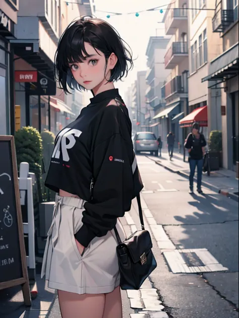 18 year old girl : 1.3, Short black hair: 1.2, Casual wear: 1.2, Daytime: 1.2, in a street: 1.2, Film Lighting, surrealism, nffsw, ccurate, Super Detail, Textured skin, high detailing, Best Quality, 8K