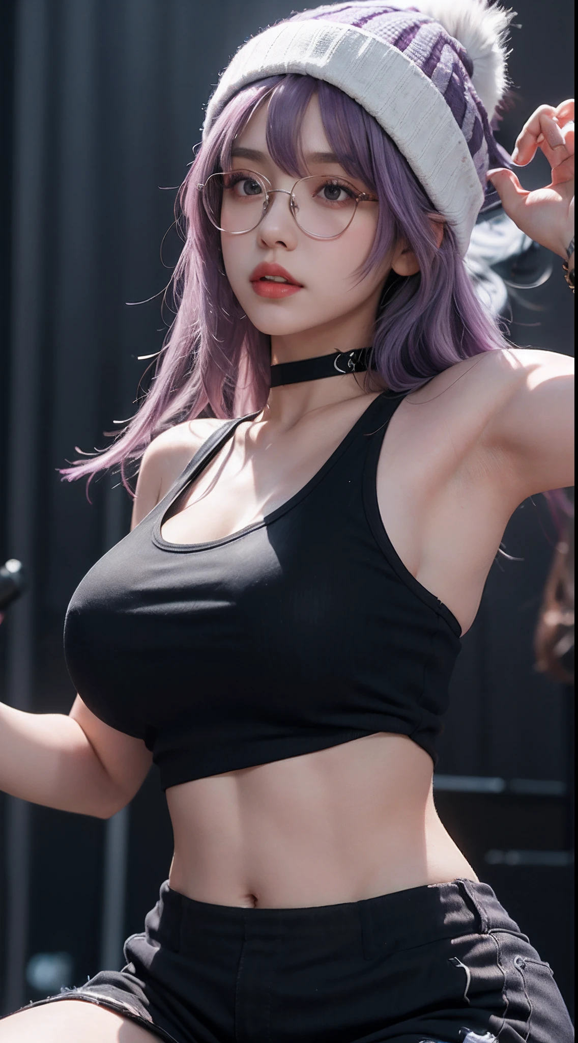 "A 20-year-old girl with large breasts, wearing a black tank top and a white beanie. She has long and light purple hair with bangs, red eyes, and glasses. Tattoo covering the entire hand, She is wearing a choker and is singing on a music stage with a metal ambience."