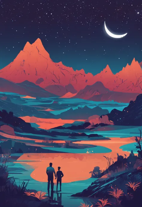 a river with mountains in the background. The river is in shades of blue. 2 man is canoeing in the middle. It is night, there is a crescent in the night sky with stars.