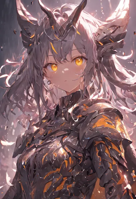 extremely detailed CG unity 8k wallpaper, (masterpiece), best quality, illustration, (1 girl), wet skin, expressionless, yellow eyes, (anger), horns, (silver armor), metal, complex pattern, corner, cape, indifference