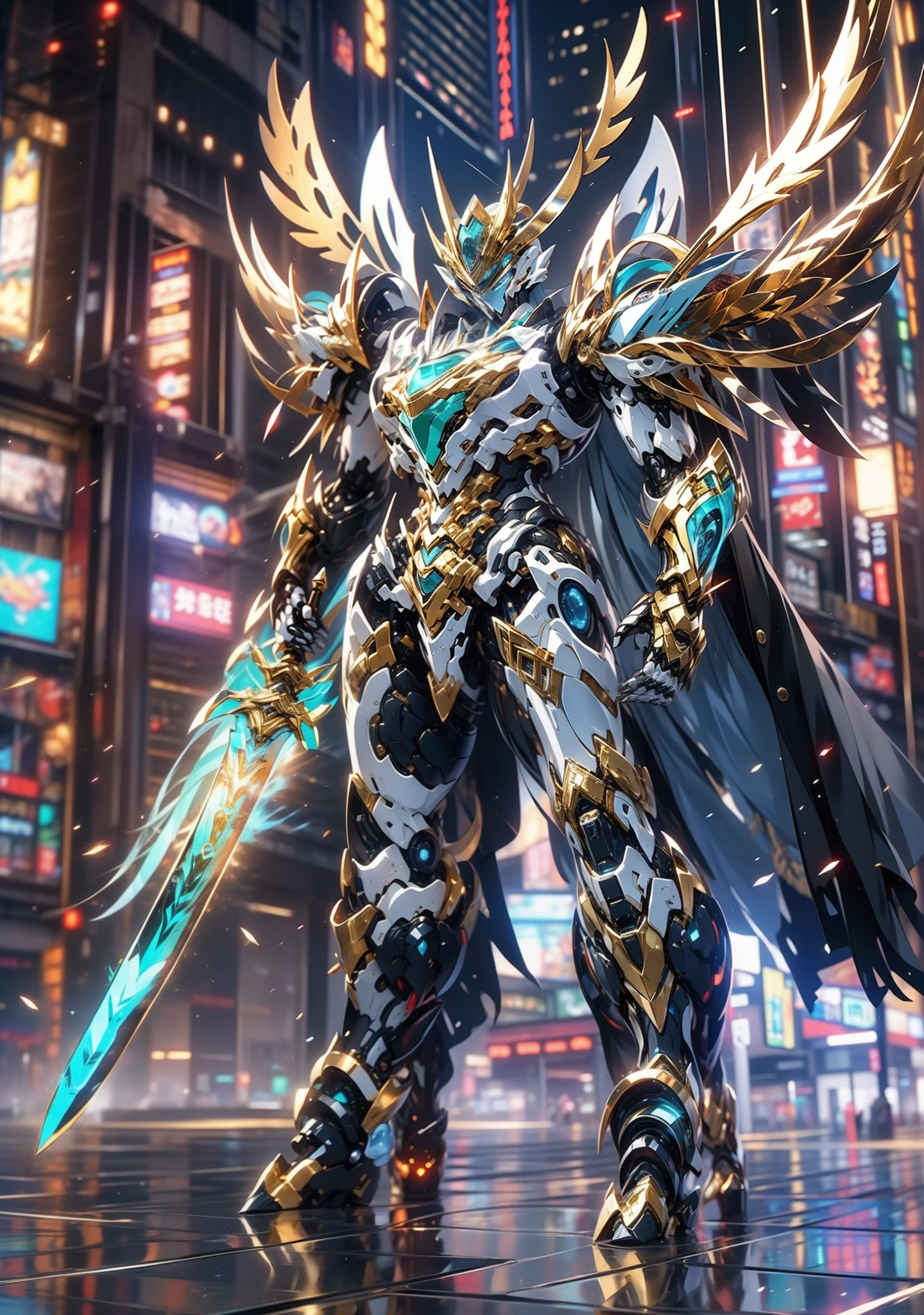 super wide shot, Full body frontal photo,Mecha male warrior， Jade Emperor style,《The mech colors are gold and silver-white》，（《Holding the Xuanyuan sword》，The sword is full of futuristic technology，），（Full body mecha）, Keqing from Genshin Impact, (Masterpiece) ， The best quality， High quality，Gold armor，Movie Lighting， （Exquisite future）， Beautiful and beautiful， Ultra detailed， great composition， Floating， Depth of field， （Very detailed CG，Unity 8k Wallpaper）， （Beautiful detail background）， dramatic lights， GOGETTA， Mecha，best qualtiy，Ultra-high resolution，