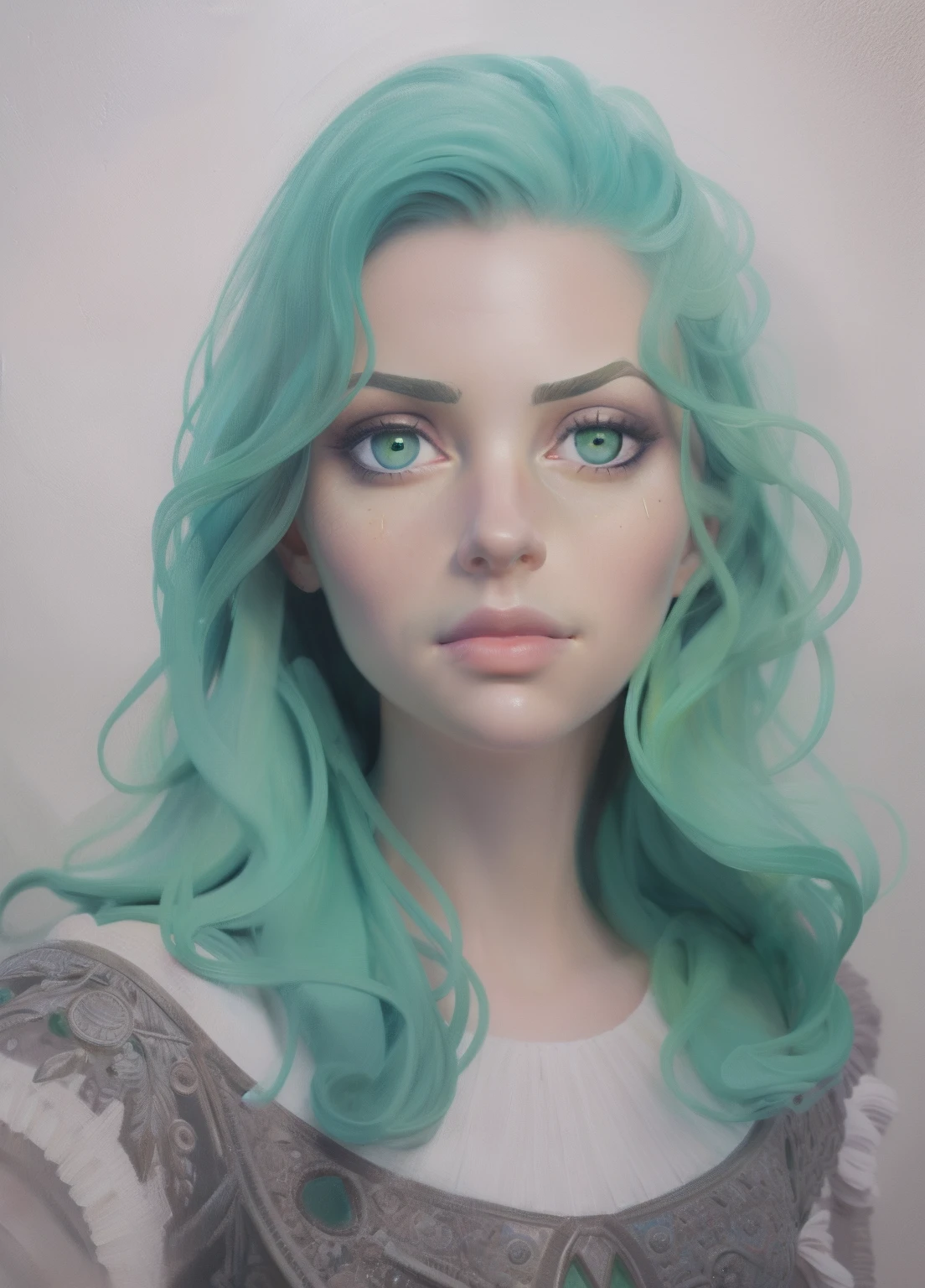 1 девушка, Портрет, картина маслом, современный, Реалистичные пропорции, темно-зеленые глаза, Красивое лицо, симметричное лицо, симметричные глаза, динамичная поза, сложный, сложный details, острый фокус