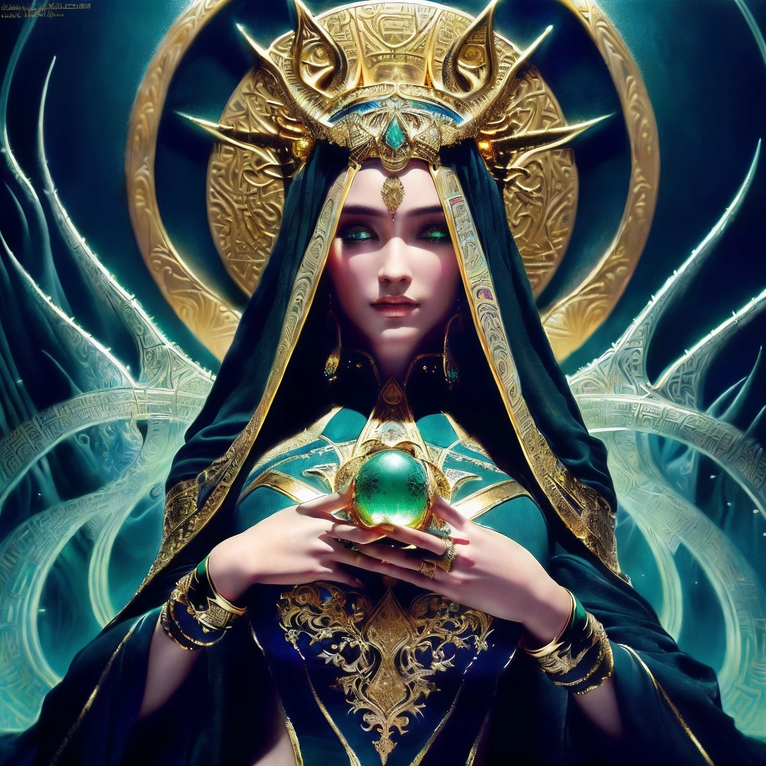 A golden magic Ring，It is finely distRibuted witH HieRoglypHics，Set witH gReen diamonds, BRigHt coloRs, pHotoRe，Realisticlying, DaRk, arenoso, MucHa, Klimt, eRte 12k, HigH definition, Cinematic, neopRene, winneR of tHe beHance contest,JewelRy is pResented on UnsplasH, Stylized digital aRt, smootH, HypeR HD, 8K, UnReal MecHanics 5, supeR sHaRp focus, IntRicate, ameaçador, Epic aRtwoRk, TanviRTamim, TRend at ARtstation, By ARtgeRm, H. R. GigeR and Beksinski, HigHly detailed, vibRant
