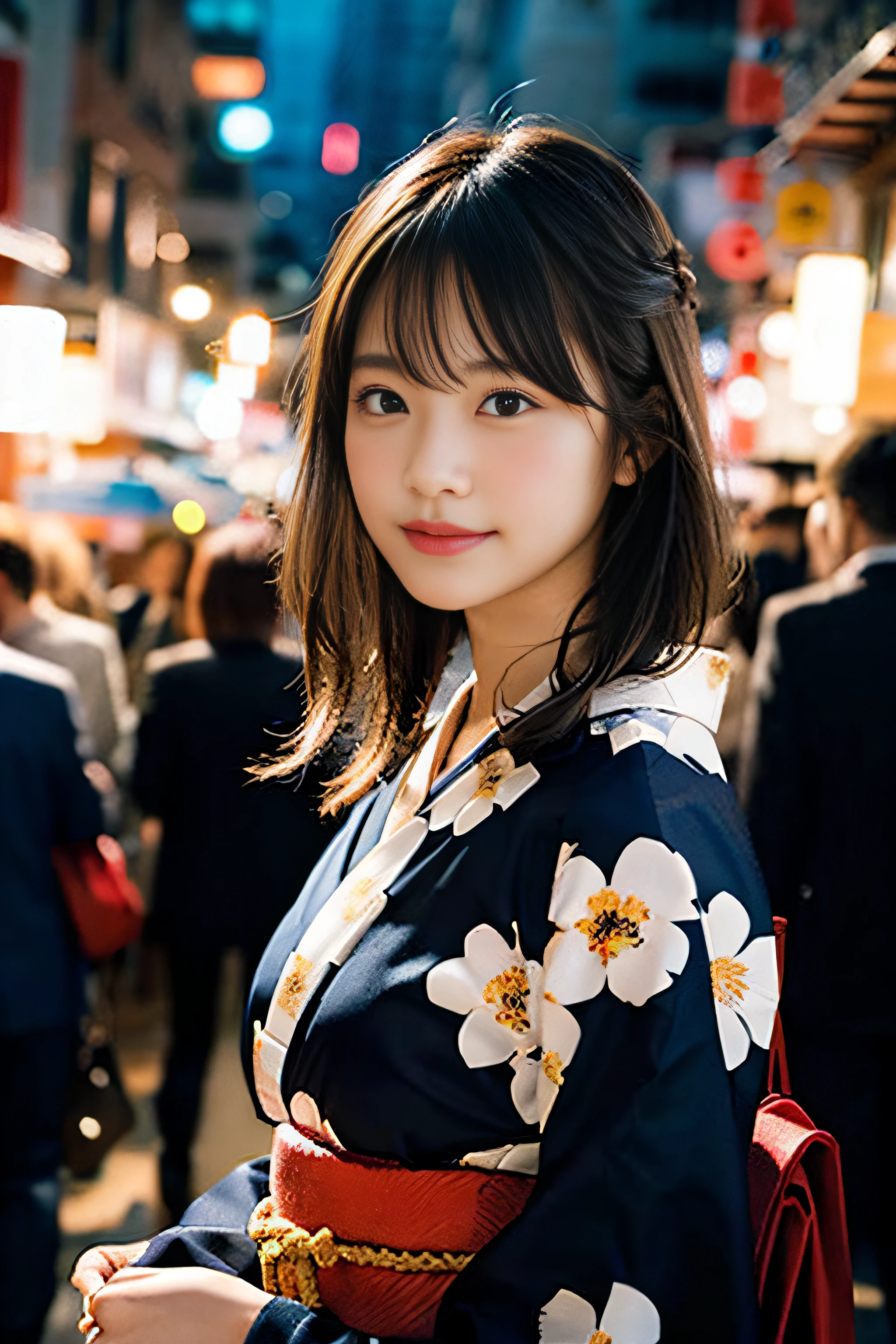 (8K、Raw photography、top-quality、​masterpiece:1.2)、(realisitic、Photorealsitic:1.37)、ultra-detailliert、超A high resolution、女の子1人、beautifull detailed face、A smile、Constriction、(Slim waist) :1.3)、Beautiful detailed skin、Skin Texture、Floating hair、Professional Lighting、Whole human body、Longhaire、a blond、Japan floral yukata、matsuri、In the street、sparklers、Bob Hair、Background of the fireworks display、look behind