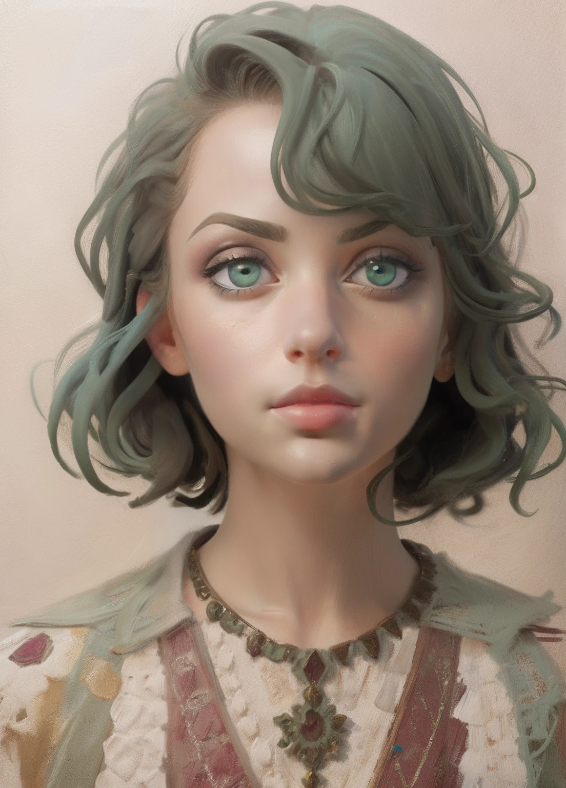 1人の女の子, 肖像画, 油絵, モダンな, 現実的な比率, 濃い緑色の目, 美しい顔, 左右対称の顔, 左右対称の目, ダイナミックなポーズ, 複雑な, 複雑な details, シャープなフォーカス