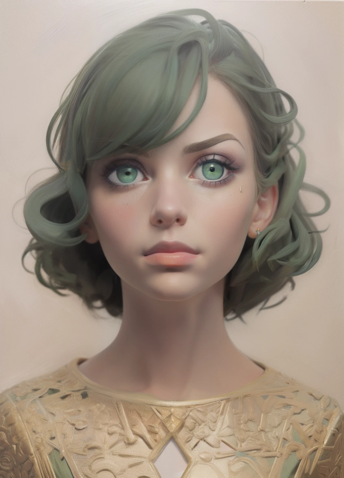 1 chica, retrato, pintura al óleo, moderno, proporciones realistas, ojos verde oscuro, hermoso rostro, cara simétrica, ojos simétricos, pose dinámica, Intrincado, Intrincado details, enfoque nítido