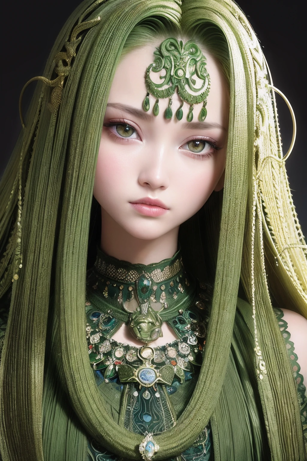 Masterpiece, best quality, portrait of 1girl, Medusa, hair is composed of countless small snakes, green eyes, female face, metal carved top, king momentum, trends on artstation, sharp focus, studio photos, intricate details, very detailed, detailed eyes, illustration, very detailed, clear focus, digital rendering, professional, 4k