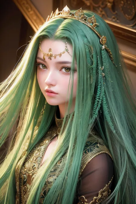 Masterpiece, best quality, portrait of 1girl, Medusa, hair is composed of countless small snakes, green eyes, female face, metal carved top, king momentum, trends on artstation, sharp focus, studio photos, intricate details, very detailed, detailed eyes, i...