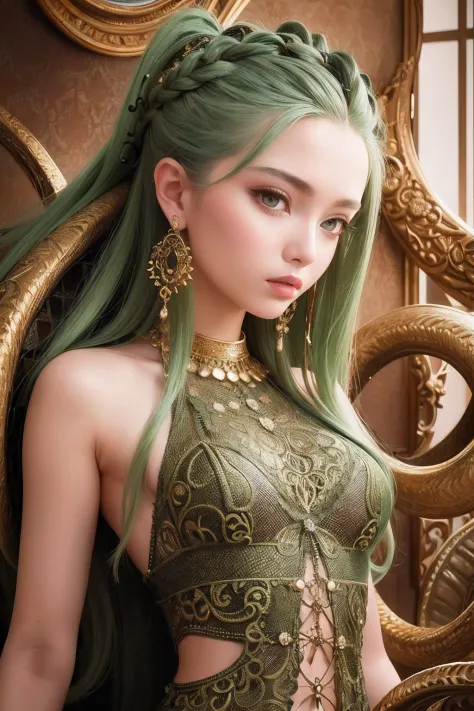 Masterpiece, best quality, portrait of 1girl, Medusa, hair is composed of countless small snakes, green eyes, female face, metal...