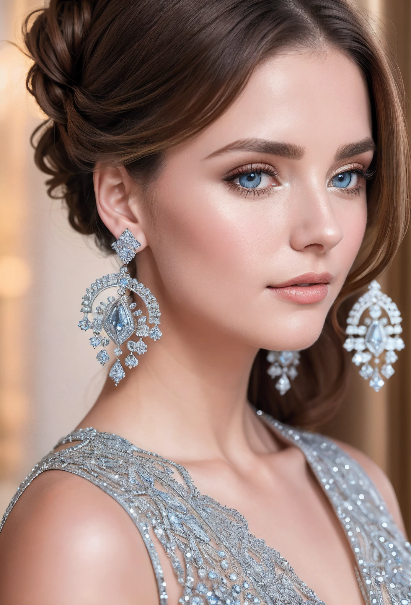 (masterpiece, best quality), intricate details, realistic, photorealistic, a close up of a woman wearing earrings, inspired by Emma Andijewska, draped in crystals, silver color, long earrings, sandra chevier, huge earrings, 2019, blue-eyed, platinum jewellery, earring, flawless structure, silver earring,