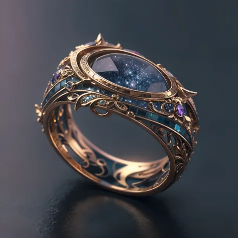 Masterpiece，highest  quality，(Nothing but the ring)，(No Man),Phoenix ring setting，starrysky，Wrapped around the end from beginning to end，Delicate silver ring，Starry sky in the ring,The sheen，inverted image，Sparkling blue-purple gemstones，Elegant and noble，The magic pattern on it emits the light of the Tyndall effect，It shines with a noble red light，The golden-red tone is filled with dark-style graphics，simple backgound，