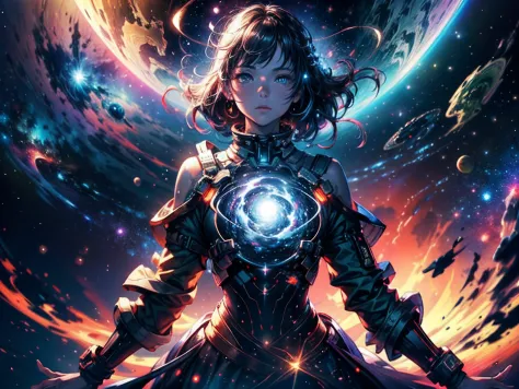 1 girl in,In the vast expanse of the cosmos, Breathtaking images unfold before your eyes. In the center of the galaxy in the sta...
