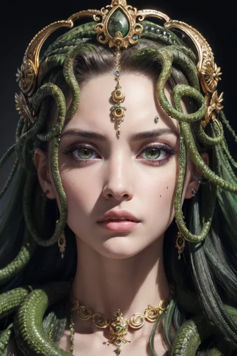 Absurd, ultra-detailed, high quality, detailed face, beautiful eyes, Medusa, the Gorgon, the Gorgon with serpent hair, possesses a complex mix of beauty and terror, mesmerizing gaze,