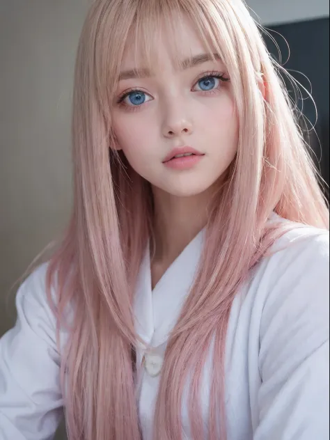bustshot、pink sailor suit、校服、Very beautiful Swedish 16 year old beautiful girl、shiny dazzling shiny skin、Beautiful bangs、Very long and straight silky beautiful platinum blonde、Super long straight hair、eye liner、a small face、The large、 Crystal clear marine ...