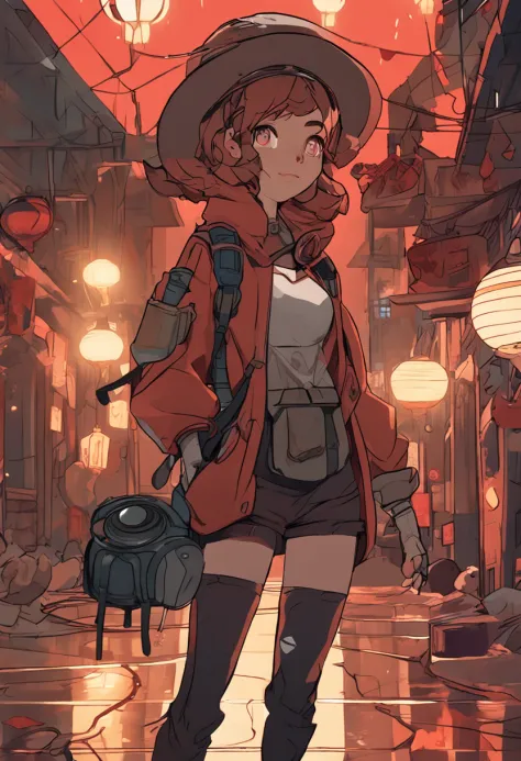a young lady with lanterns and cat scifi, in the style of dynamic anime, cyberpunk background ,light brown and red, festive atmosphere, i can't believe how beautiful this is, official art, 32k uhd, folk-inspired illustrations --ar 29:64