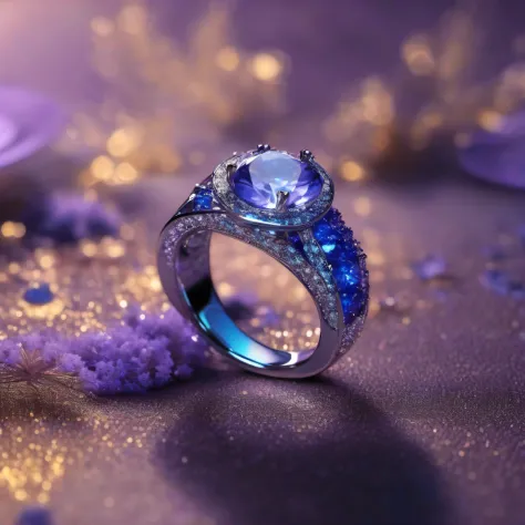 Masterpiece，highest quallity，(Rien que la bague)，(No man),The ring is set with a phoenix，Starrysky，Wrapped around the end from start to finish，Delicate silver ring，Starry sky in the ring,Brilliance，Inverted image，Sparkling blue-violet gemstones，Elegant and...