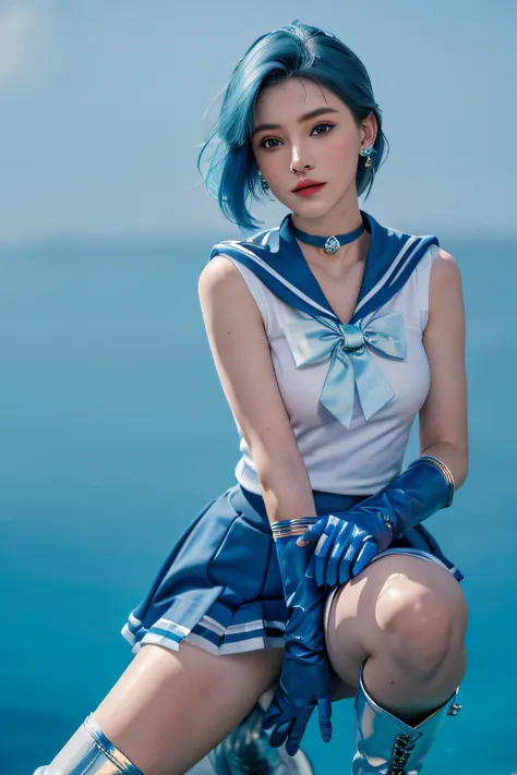 1girl,breasts,gloves,lips,solo,sailor mercury,blue eyes,smuniform,mer1,tiara,sailor senshi uniform,(RAW photo, best quality),mas...