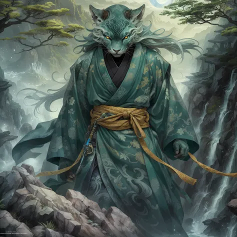 mystic ninja，detailed face，detailed eyes，clear eyes，gui zen，exotic beasts of mountains and seas，dark green and black details, lo...