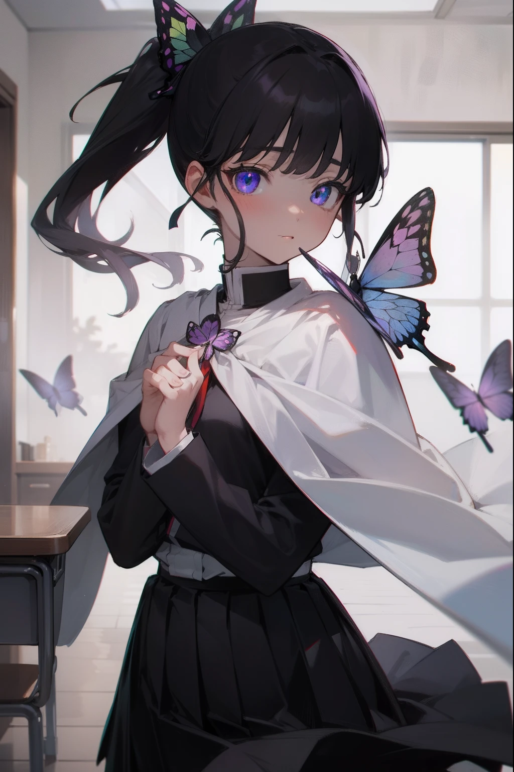 Anime girl with butterfly wings in her hair and a white shirt - SeaArt AI