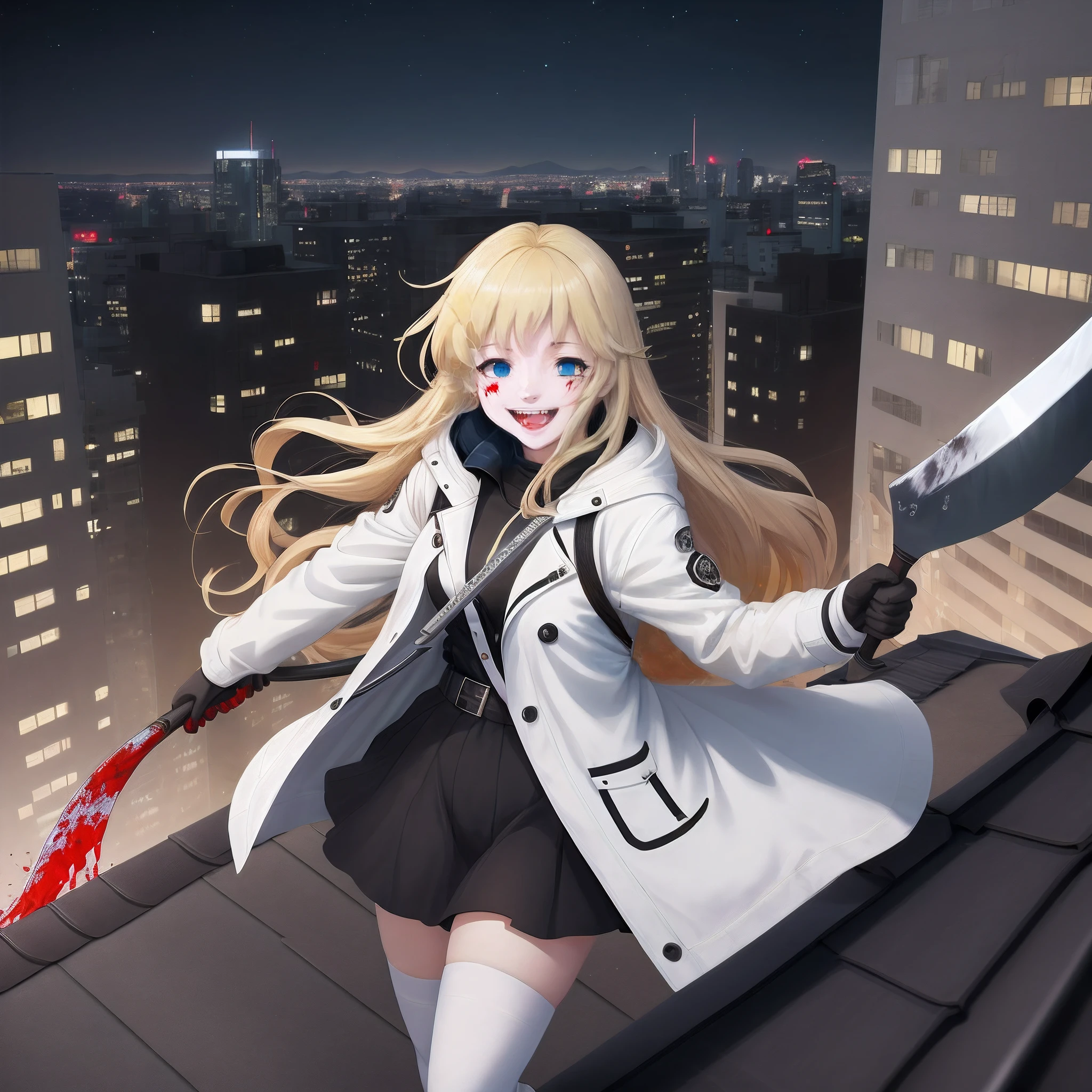 Anime, Laughing girl, wielding scythe, blonde, white jacket, black shirt, white stockings, black boots, blue eyes, on the roof of a skyscraper, night (very dark), covered in blood,