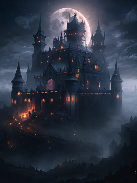 black majestic fantasy fortress under a pale moon engulfed in arcane fog trails in the style of marcin rubinkowski, greg rutkows...