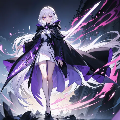 This is a girl with white hair，Dressed in a dark purple Assassin costume，Fair and slender legs，Anterior convex and posterior，and charming，The cloak is dashing and proud，Overbearing，pretty，Frontal view，Walk through dark villages，Quaint and eerie，One spell a...
