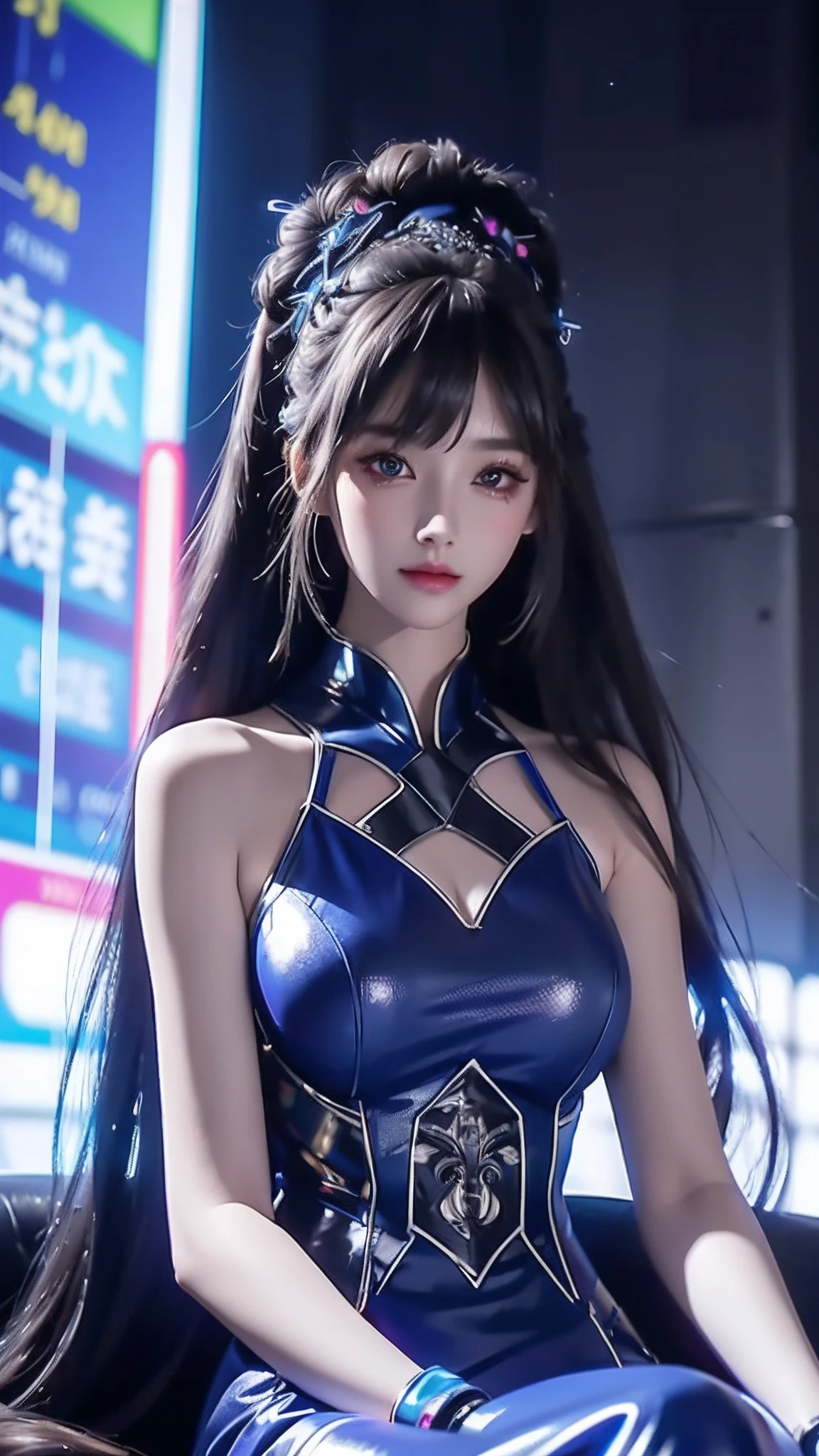 4k ultra hd, masterpiece, high details, a girl, cute face, detailed eyes, long hair, blue neon lights on dress, Cyberpunk blue dress, blue neon lights connected on dress, neon breasts, bare stomach, spreading light, light reflection, light reflection on road, light reflection, everywhere spreading lights, neon lights, sitting, whole body capture,