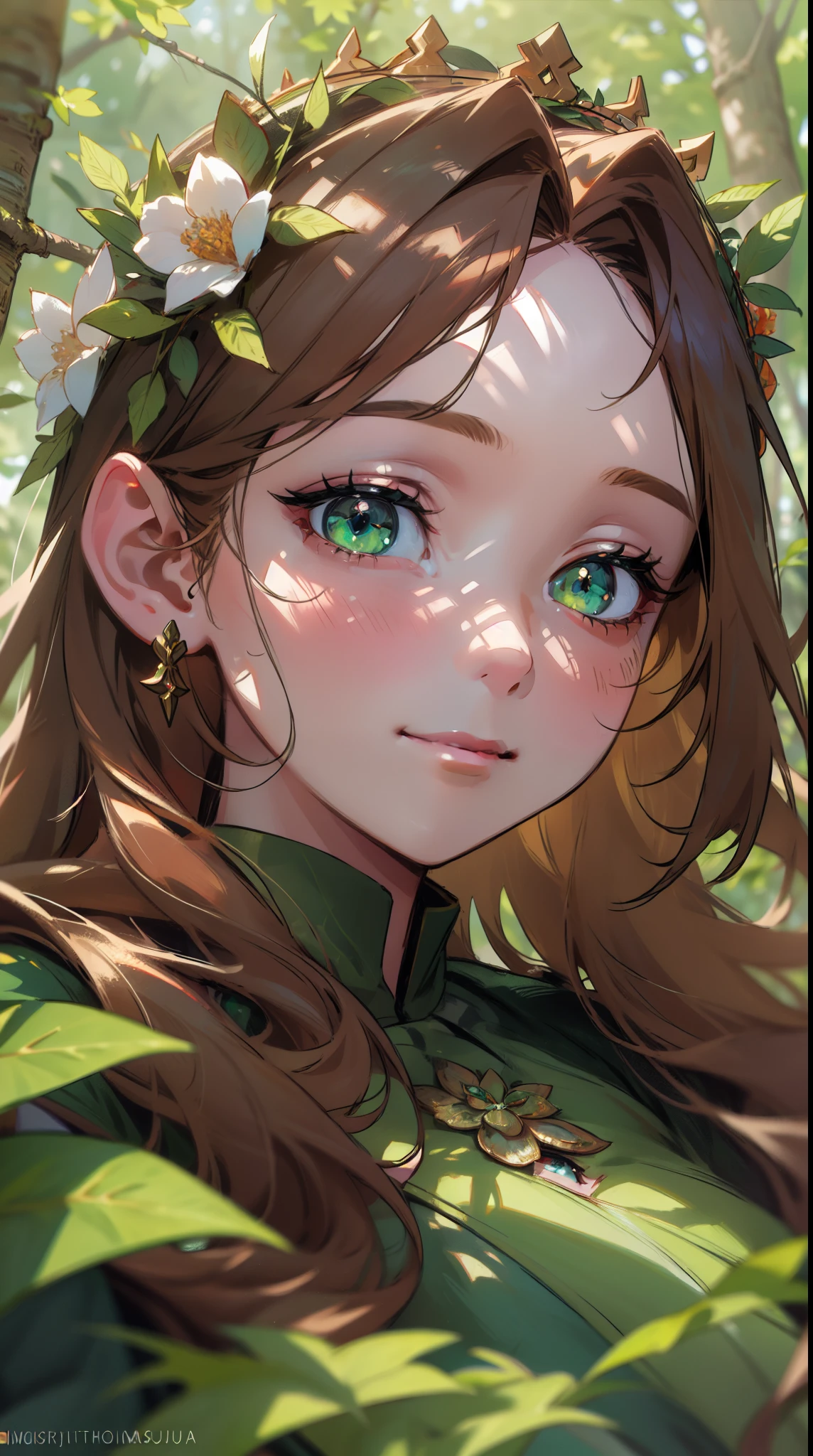 ((masterpiece)), best quality, 8k, high quality, high resolution, super detailed, ultra detailed, photorealistic, verdant and finely detailed face and eyes, ultra detailed and detailed skin texture, earthy eyes, perfect face, 1 girl, flowing auburn hair, (earthen gown), forest green eyes, (floral crown), (natural aura), surrounded by lush foliage, serene expression, ((gentle smile)), day, enchanted forest, dappled sunlight, nature's embrace, (birdsong), (rustling leaves), since ancient times, Gaia, earthy eyes, background of lush forest.