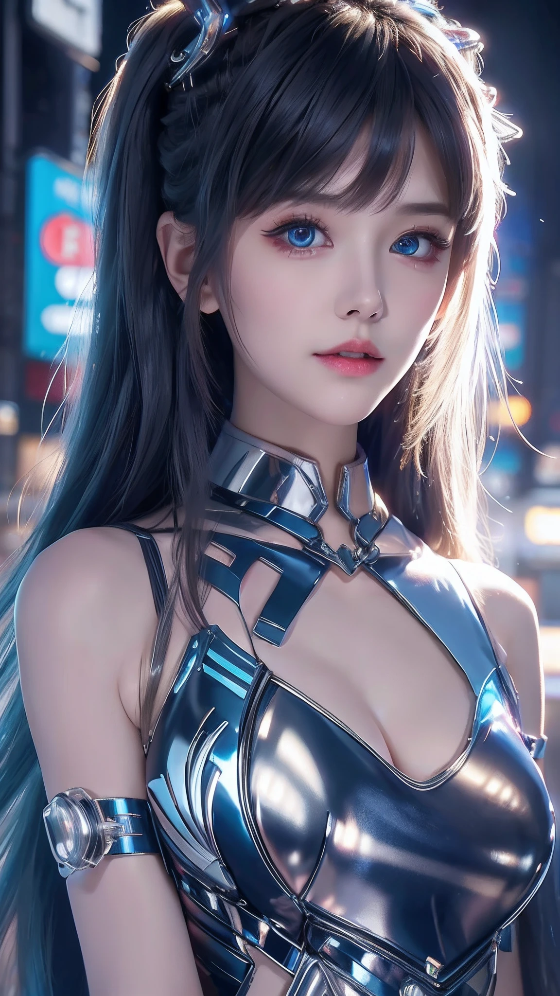 4k ultra hd, masterpiece, high details, a girl, cute face, detailed eyes, long hair, blue neon lights on dress, Cyberpunk blue dress, blue neon lights connected on dress, neon breasts, bare stomach, spreading light, light reflection, light reflection on road, light reflection, everywhere spreading lights, neon lights, whole body capture,