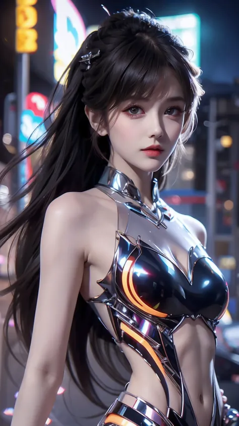 4k ultra hd, masterpiece, high details, a girl, cute face, detailed eyes, long hair, detailed lips, medium breasts, orange neon lights on dress, Cyberpunk orange dress, orange neon lights connected on dress, neon breasts, bare waist, electric current effec...