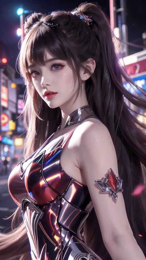 4k ultra hd, masterpiece, high details, a girl, cute face, detailed eyes, long hair, detailed lips, medium breasts, red neon lights on dress, Cyberpunk red dress, red neon lights connected on dress, neon breasts, bare waist, red electric current effect, gl...