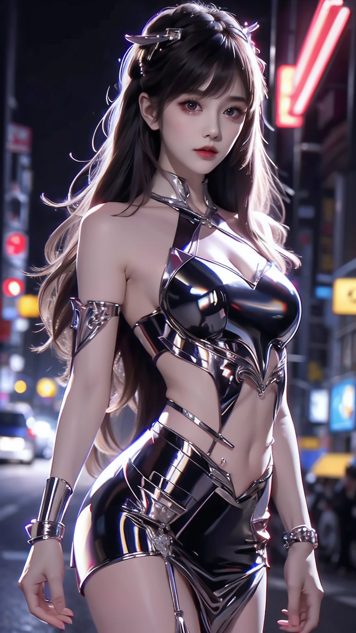 4k ultra hd, masterpiece, high details, a girl, cute face, detailed eyes, long hair, detailed lips, medium breasts, red neon lights on dress, Cyberpunk red dress, red neon lights connected on dress, neon breasts, bare waist, red electric current effect, glowing effect, direct-x 2.0, high graphic nigh lights, spreading light, light reflection, light reflection on road, light reflection, everywhere spreading lights, neon lights, whole body capture,