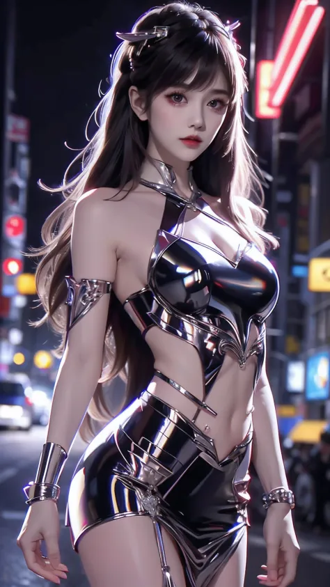 4k ultra hd, masterpiece, high details, a girl, cute face, detailed eyes, long hair, detailed lips, medium breasts, red neon lights on dress, Cyberpunk red dress, red neon lights connected on dress, neon breasts, bare waist, red electric current effect, gl...