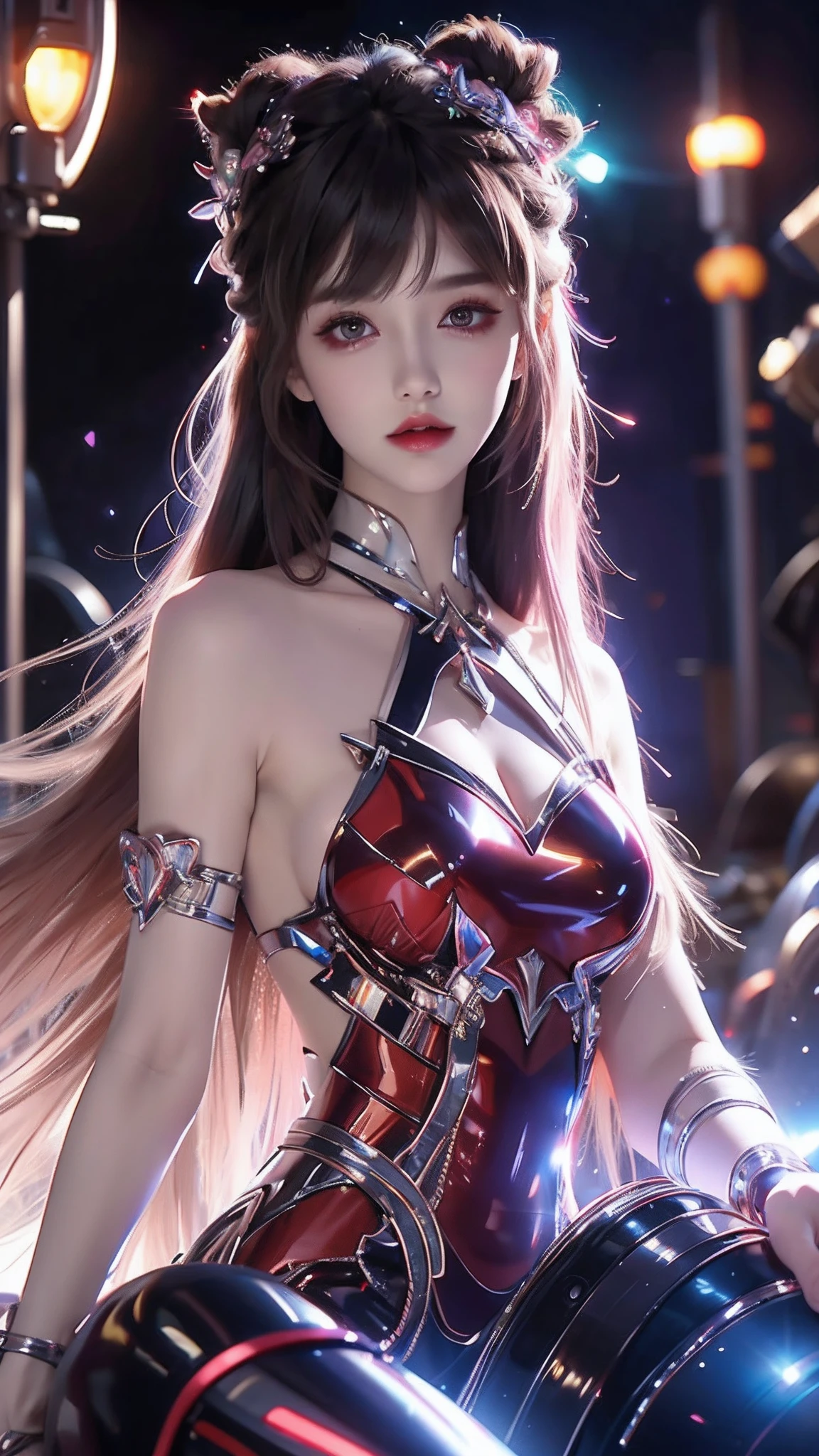 4k ultra hd, masterpiece, high details, a girl, cute face, detailed eyes, long hair, detailed lips, medium breasts, red lights on dress, Cyberpunk red dress, red neon lights connected on dress, neon breasts, bare waist, red electric current effect, glowing effect, direct-x 2.0 visual effect, high graphic night lights, spreading light, red light reflection, light reflection on road, everywhere spreading red lights, neon lights, sitting, whole body capture,