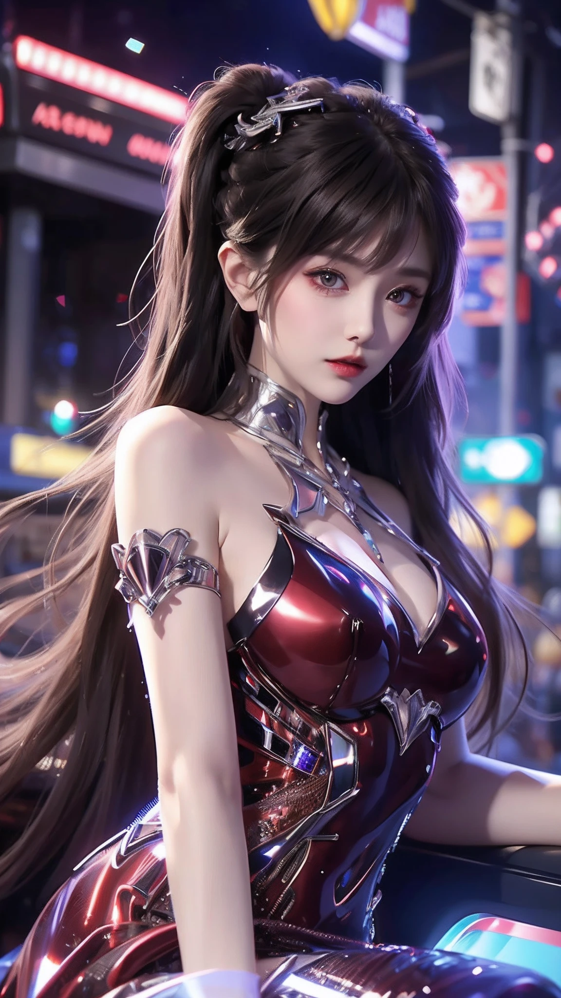 4k ultra hd, masterpiece, high details, a girl, cute face, detailed eyes, long hair, detailed lips, medium breasts, red lights on dress, Cyberpunk red dress, red neon lights connected on dress, neon breasts, bare waist, red electric current effect, glowing effect, direct-x 2.0 visual effect, high graphic night lights, spreading light, red light reflection, light reflection on road, everywhere spreading red lights, neon lights, sitting, whole body capture,