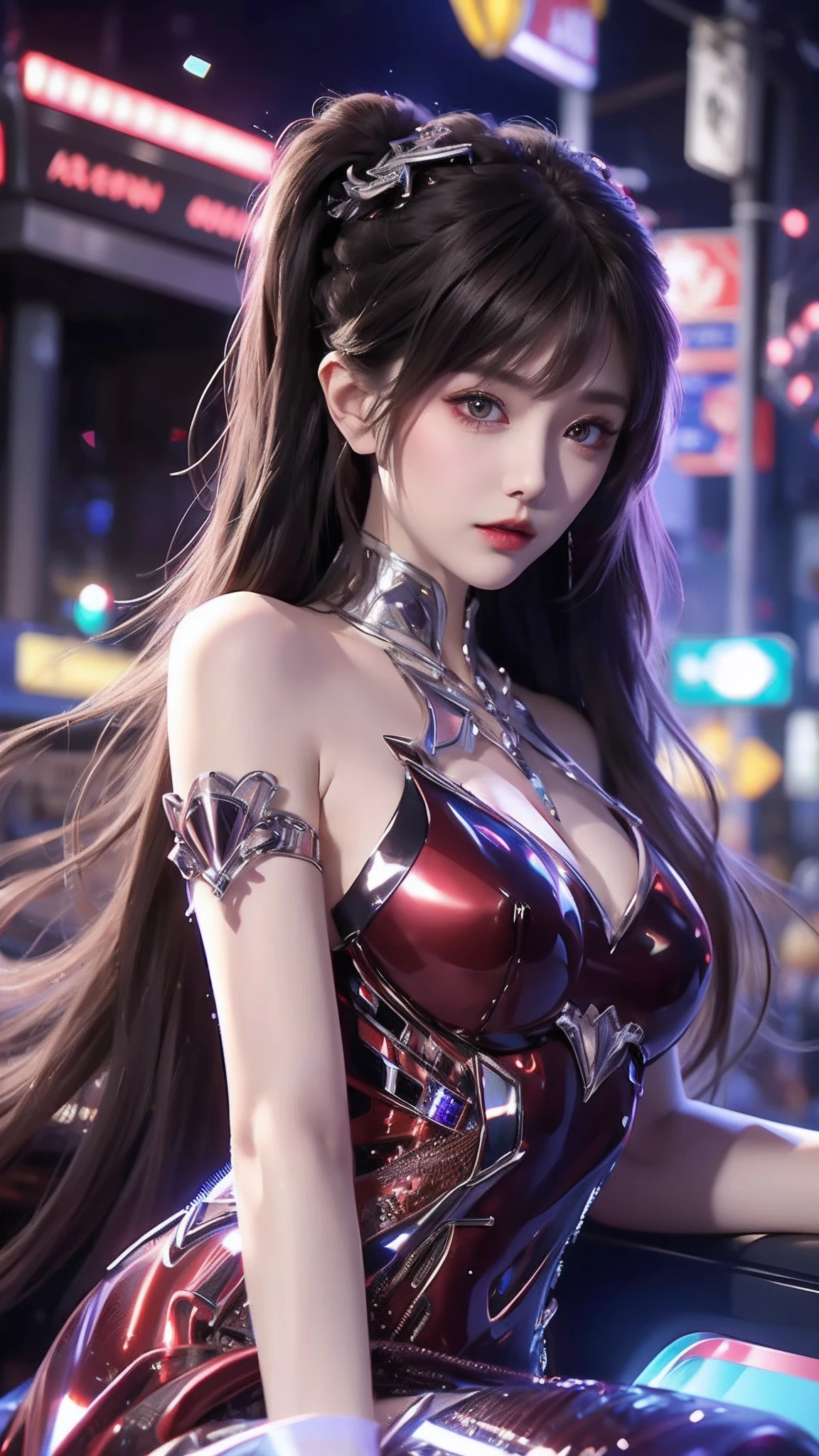 4k ultra hd, Meisterwerk, hohe Details, ein Mädchen, niedliches Gesicht, detaillierte Augen, lange Haare, detaillierte Lippen, mittlere Brüste, rote Lichter am Kleid, Cyberpunk red dress, red Neonlichter connected on dress, Neonbrüste, nackte Taille, roter elektrischer Stromeffekt, Glüheffekt, DirectX 2.0 visueller Effekt, hochgrafische Nachtlichter, Licht verbreiten, rote Lichtreflexion, Lichtreflexion auf der Straße, überall verbreiten sich rote Lichter, Neonlichter, Sitzung, Ganzkörperaufnahme,