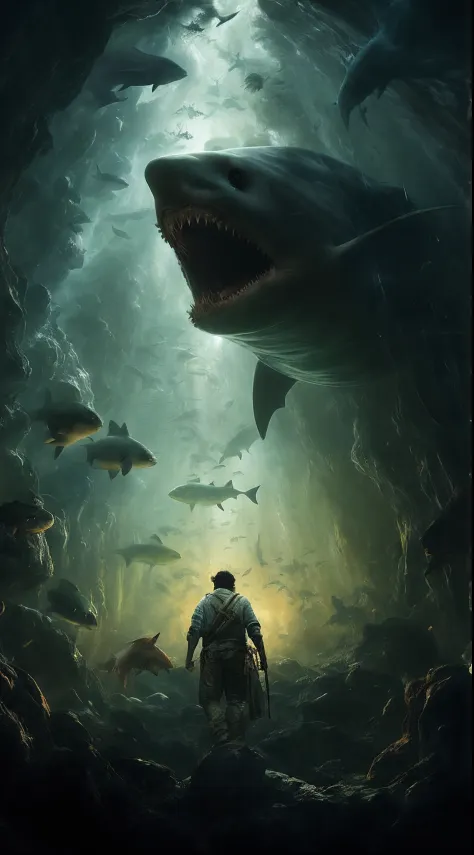 A man stands in a cave，Sharks and sharks in the background, Book cover art, Tarasso Faobia, epic poster art, sci - fi horror art...