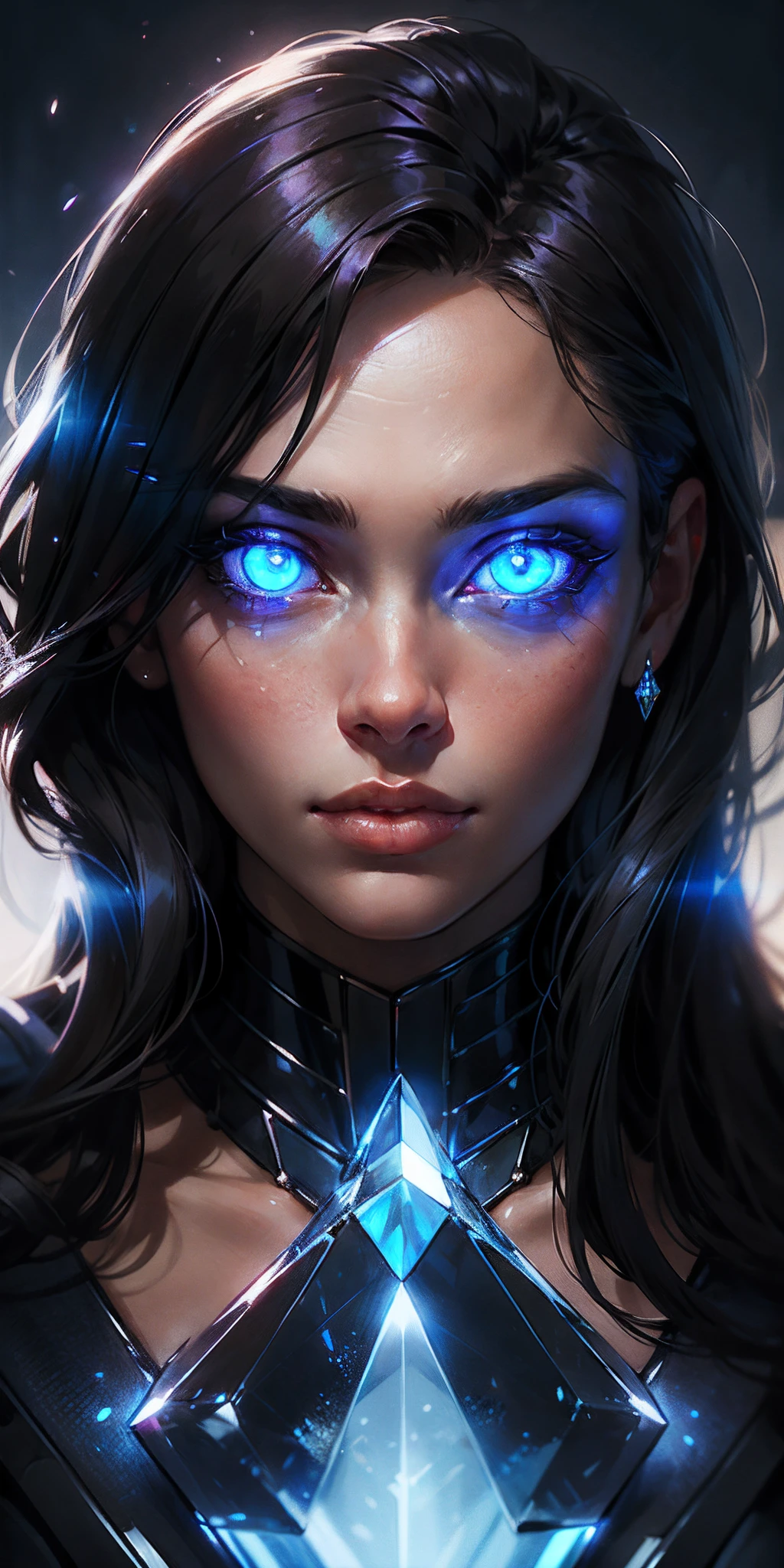 A woman with blue eyes and a black top is looking at the camera - SeaArt AI