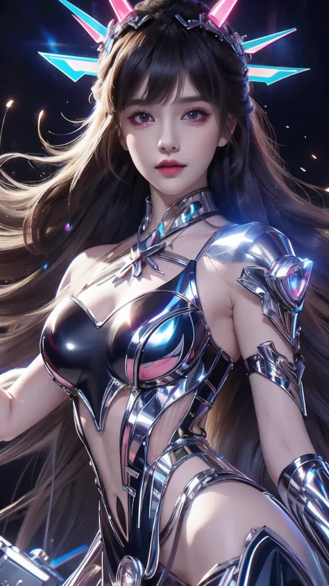 4k ultra hd, masterpiece, high details, a girl, cute face, detailed eyes, long hair, detailed lips, medium breasts, lights on dress, Cyberpunk dress, neon lights burning on dress, neon breasts, bare waist, electric current effect, electric wire connected o...