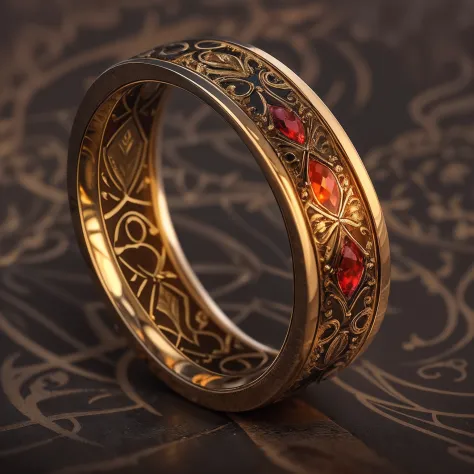 1 Supreme Ring，The magic pattern on it emits the light of the Tyndall effect，It shines with a noble golden light，The golden-red tone is filled with dark-style graphics，simple backgound，