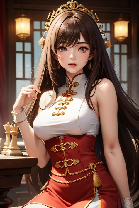 （（Best quality，tmasterpiece，A high resolution，CG）），tmasterpiece，Need，（Chess elements），（Light Chinese style：1.3），Straight brown hair，The top is white，The skirt is red，Sculpt the sleeveless cheongsam（Bare shoulders, no chest, no chest），Chess and card element...