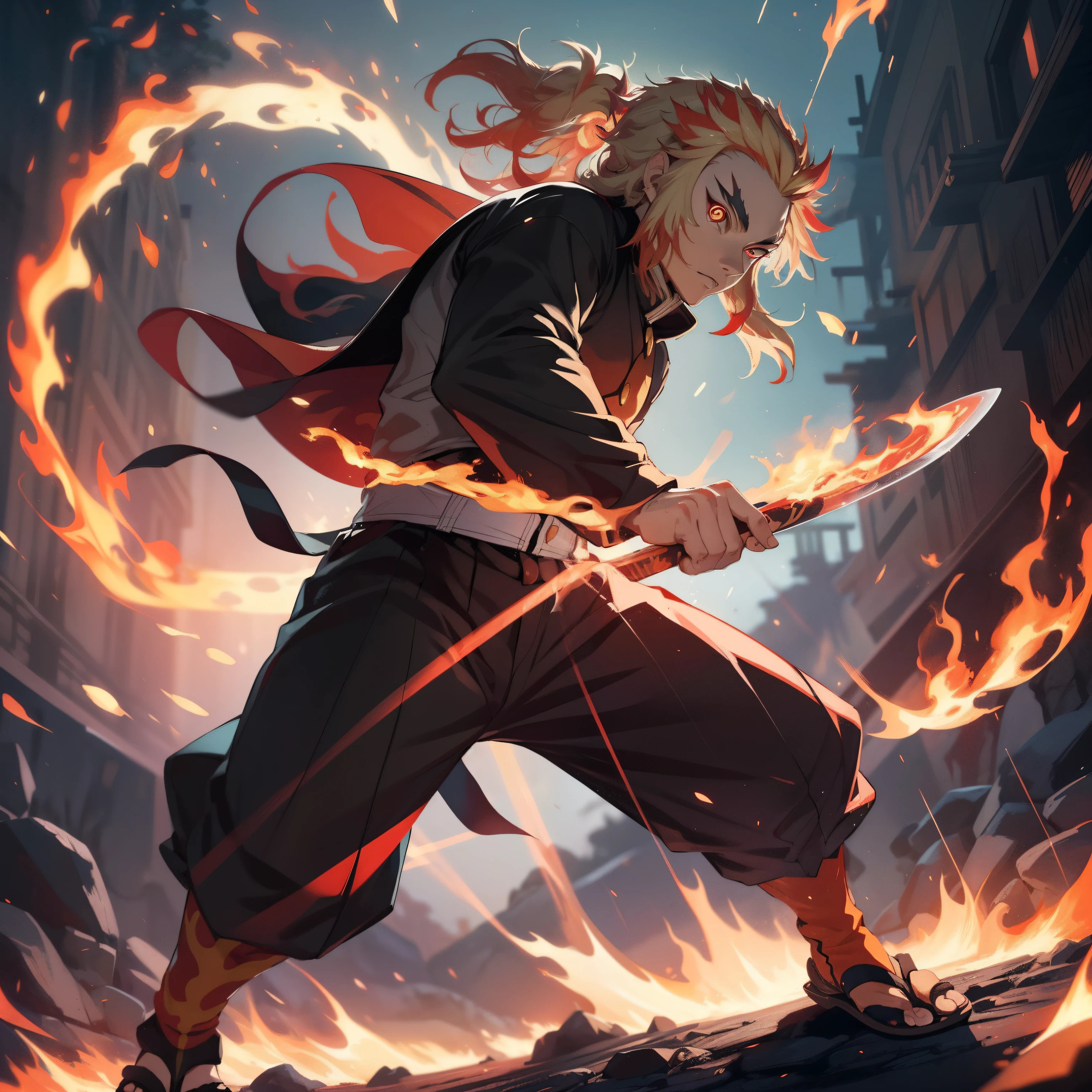 (extremely realistic, high definition character design), Rengoku Kyojuro standing in Sage Of Six Path Mode(Naruto), majestic and powerful,(red glowing eyes:1.2), flames engulfing his body, dynamic pose, standing on a burning battlefield, intense light and shadow contrast, high saturation colors, vivid and impactful.