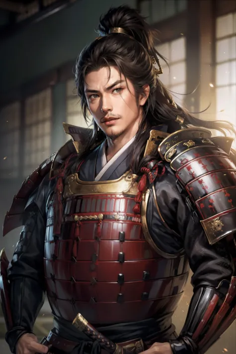 8K brown hair Japan samurai male portrait、Convoluted、(Handsome Japan man:1.2)、Cute Asian Man、(Holding one long Japan sword:1.2)、...